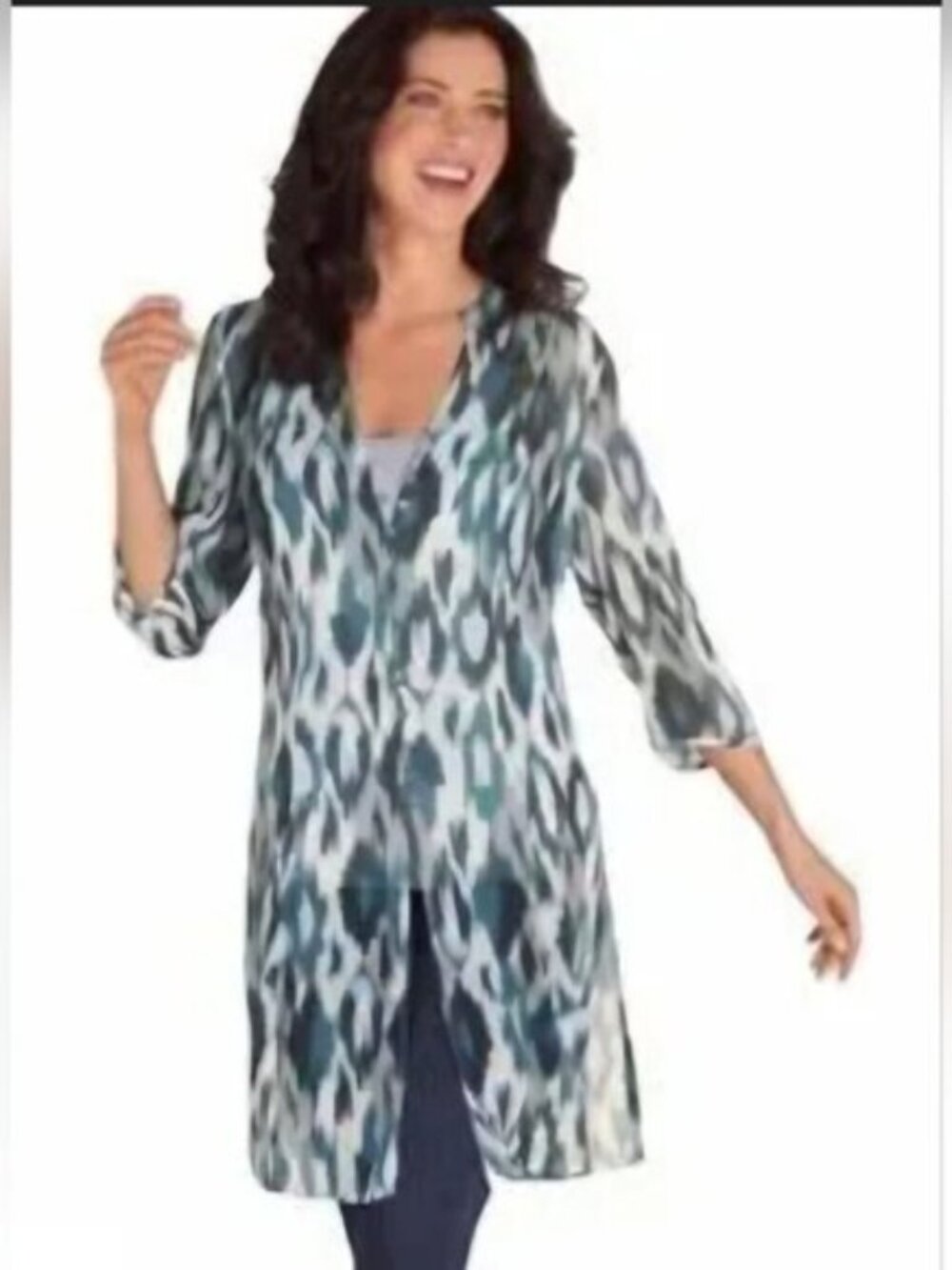Soft Surroundings SZ M Blue Ikat Sheer Button Down Tunic Duster 3/4 Sleeves